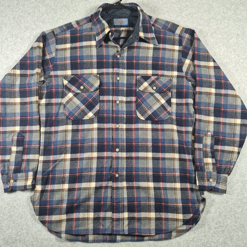 Vintage Pendleton Board Shirt Mens Large Blue Plaid Virgin Wool Made In USA